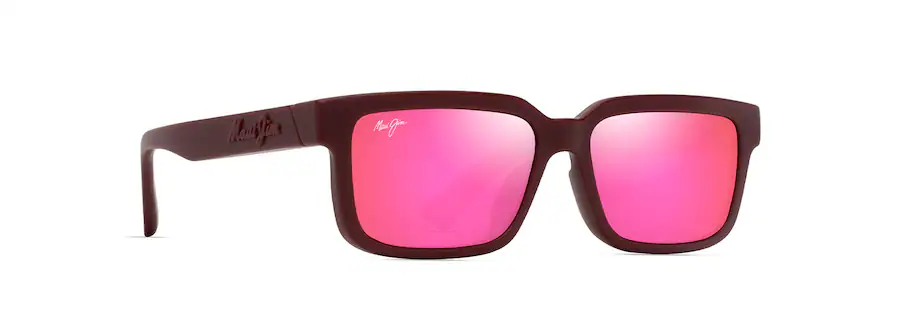 Rectangular sunglasses with red frames and mirrored pink lenses, featuring a small "Maui Jim" logo on the upper left lens and the temple—crafted with precision like an auto draft.