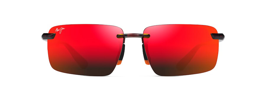 Rimless sunglasses with red-orange gradient lenses and black temple arms are strikingly displayed against a white background, reminiscent of an auto draft in progress.