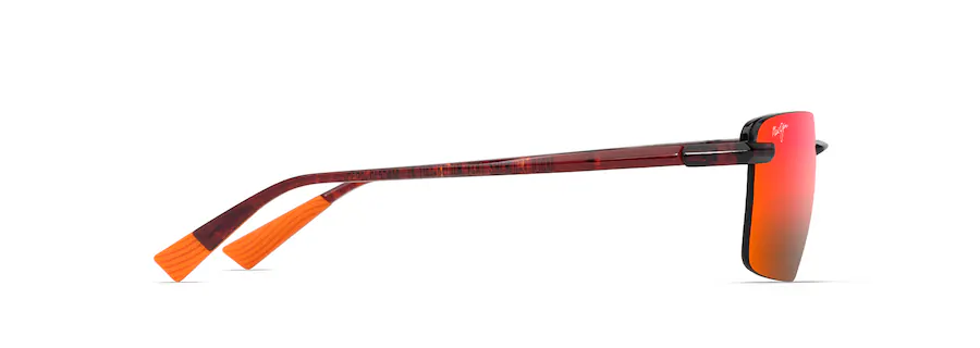 Side view of modern sunglasses with red-tinted lenses, transparent red frame, and orange and red striped temple tips. These stylish shades are perfect for making a statement while also incorporating important keywords for SEO.