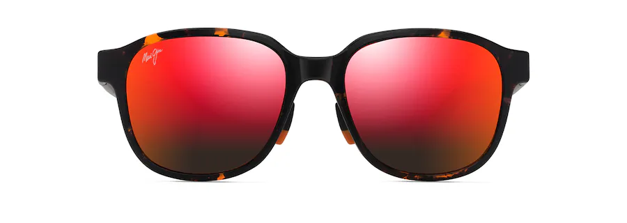 A pair of black sunglasses featuring red reflective lenses and a subtle tortoiseshell pattern on the frame, perfect for driving your auto in style.