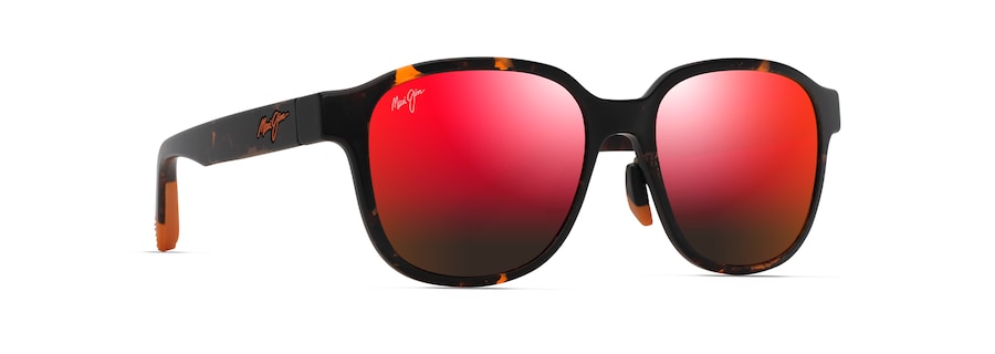 Black sunglasses with red-tinted lenses and tortoiseshell-patterned arms, featuring a small logo on the side. Perfect for those who appreciate style and convenience, these sunglasses are an auto draft pick for any fashion-forward individual.