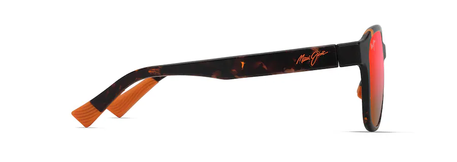 Side view of a pair of sunglasses with a black and tortoiseshell frame, orange earpieces, and reflective auto draft mirrored lenses.