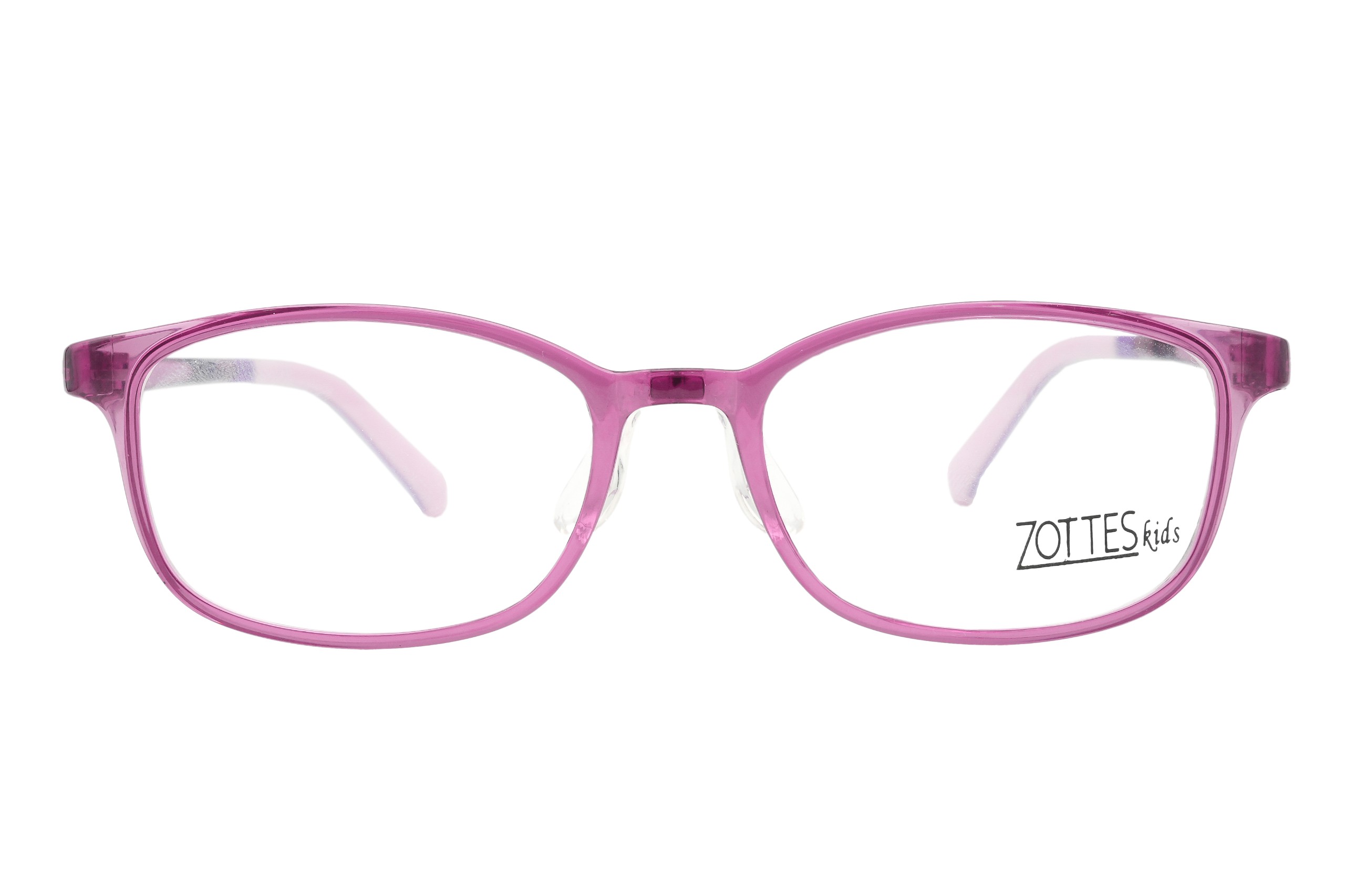 A pair of pink eyeglasses on a white background from Zottes Kids.